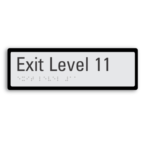 exit level 11 signage with braille tactile elements and black border for enhanced contrast