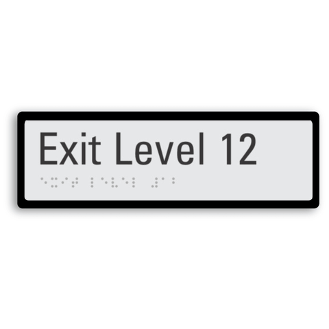 exit level 12 signage with braille tactile elements and black border for enhanced contrast