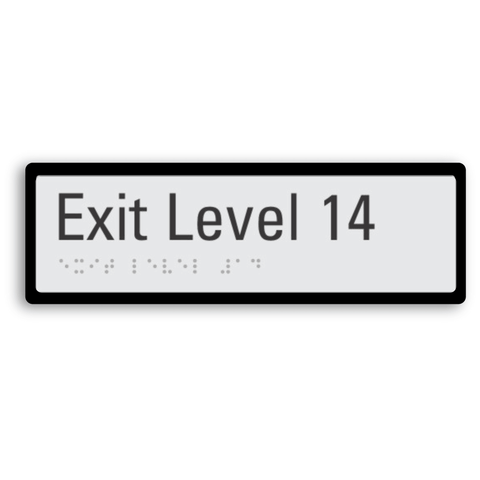 exit level 14 signage with braille tactile elements and black border for enhanced contrast