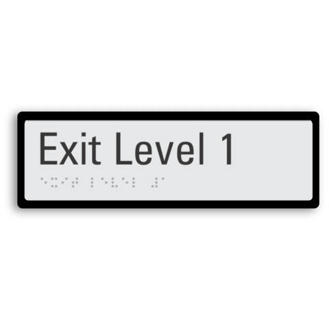exit level 1 signage with braille tactile elements and black border for enhanced contrast