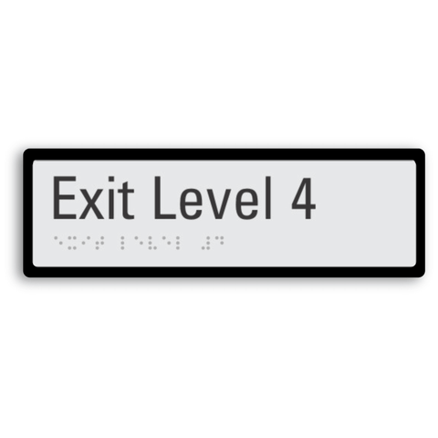 exit level 4 signage with braille tactile elements and black border for enhanced contrast