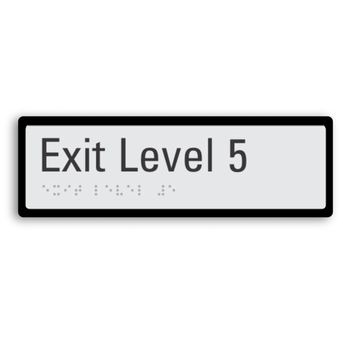 exit level 5 signage with braille tactile elements and black border for enhanced contrast