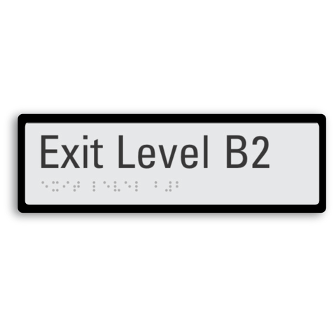 exit level B2 (basement 2) sign with braille elements and black border for enhanced contrast