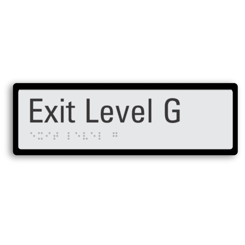 exit level G (ground floor) signage with tactile elements and black border for enhanced contrast