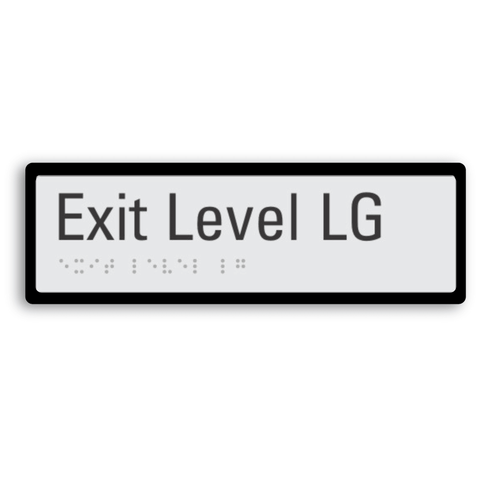 exit level LG (low ground floor) signage with tactile elements and black border for enhanced contrast