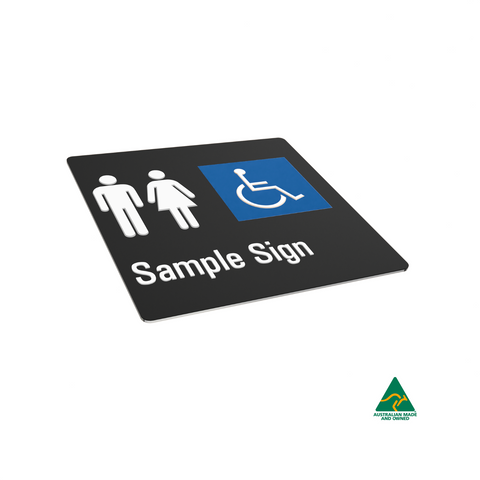 White Accessibility sign with symbols for gender inclusivity and disability, on a black background.