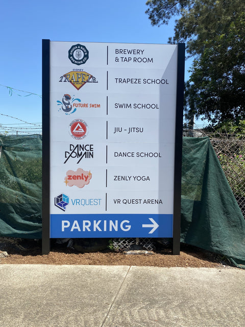 Outdoor directory board. Pylons sign. a blue industrial estates signage
