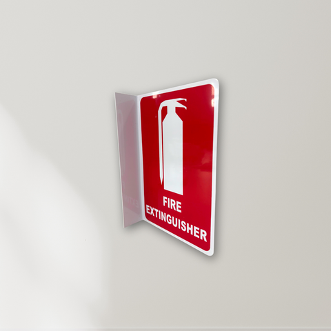a red Angled Fire Extinguisher sign