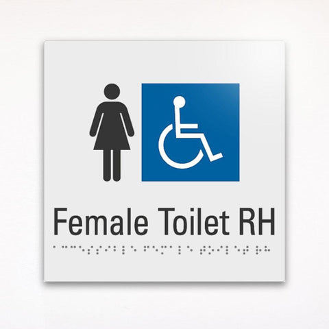 a gray and blue Female toilet Right Hand RH sign