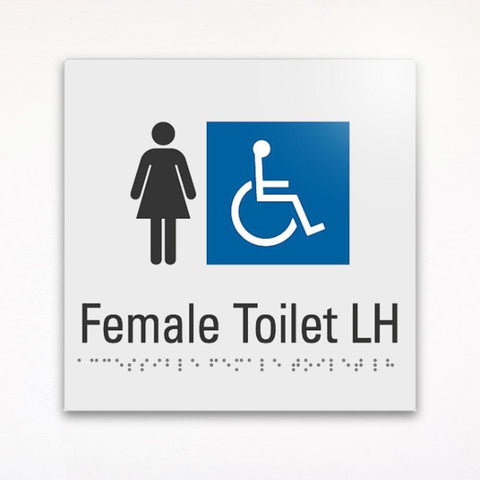 a gray and blue Female toilet left hand LH braille tactile sign