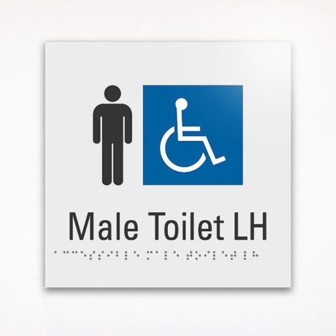 a gray and blue Male toilet left hand LH braille tactile sign