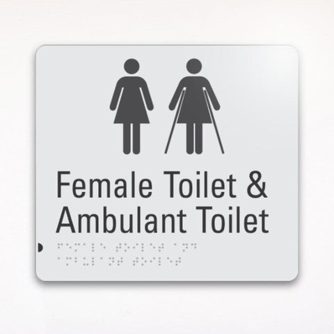 a gray female toilet and ambulant toilet braille tactile sign