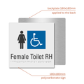 Accessible female toilet sign with dimensions and braille text on a white background