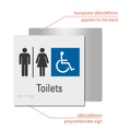 Accessible toilet sign with dimensions on a white background