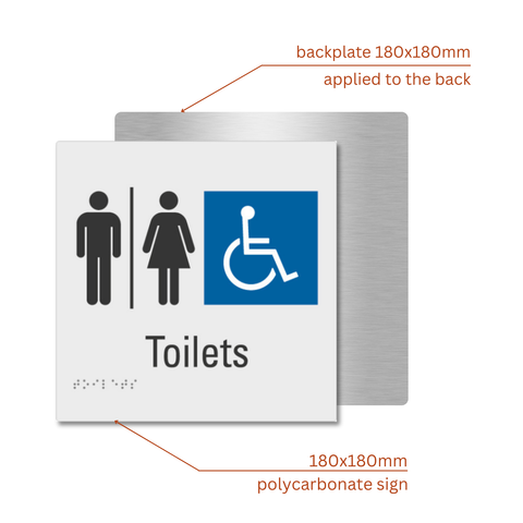 Accessible toilet sign with dimensions on a white background