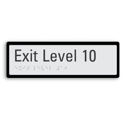 exit level 10 signage with braille tactile elements and black border for enhanced contrast