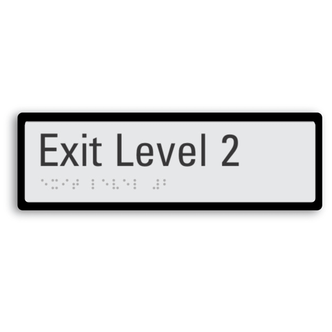 exit level 2 signage with braille tactile elements and black border for enhanced contrast