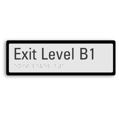 exit level B1  (basement 1) signage with braille tactile elements and black border for enhanced contrast