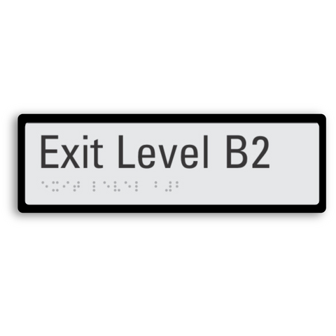 exit level B2  (basement 2) sign with braille elements and black border for enhanced contrast