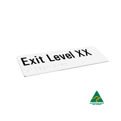 A white aluminum exit level sign with the text 'Exit Level XX' printed in black, compliant with braille standards.