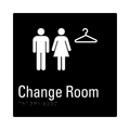 A black square sign with white icons of a male figure, a female figure, and a hanger above the words 'Change Room' and Braille text, shown on a white background.