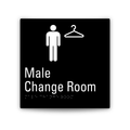 A square black sign with white graphics and text reading 'Male Change Room,' including a male figure, a hanger icon, and Braille text near the bottom, shown on a light gray background.