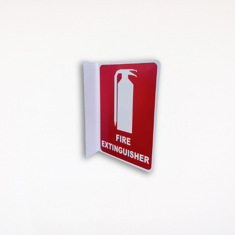 a red Angled Fire Extinguisher sign
