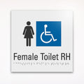 a gray and blue Female toilet Right Hand RH sign