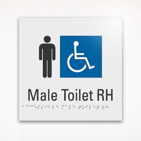 a gray and blue Male toilet right hand RH braille tactile sign