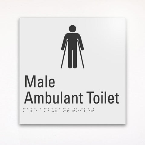 a gray braille toilet sign saying male ambulant toilet