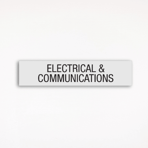 a gray Electrical & Communications room sign