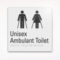 a gray braille tactile toilet sign saying unisex ambulant toilet
