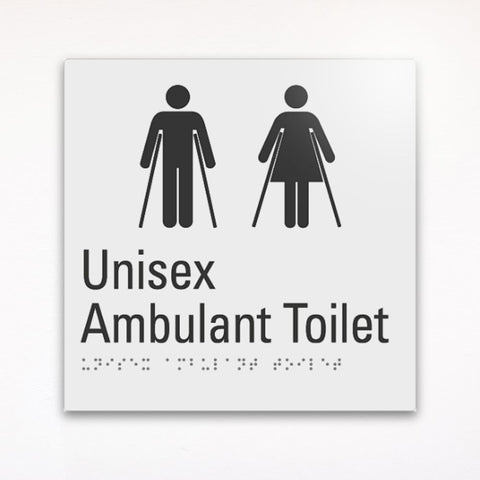 a gray braille tactile toilet sign saying unisex ambulant toilet
