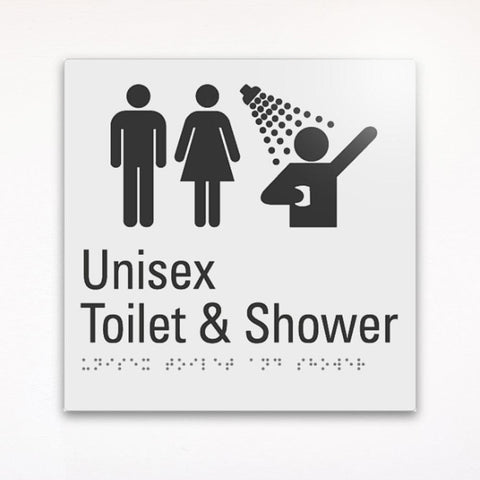 a gray braille toilet sign for Unisex toilet and shower